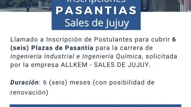 Sales de Jujuy: abren llamados a alumnos de carreras de Ing. Industrial y Química de la FI