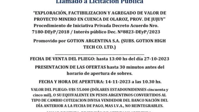 JEMSE llama a licitación para proyecto minero de litio en la cuenca de Olaroz (con un valor de US$ 55.000)